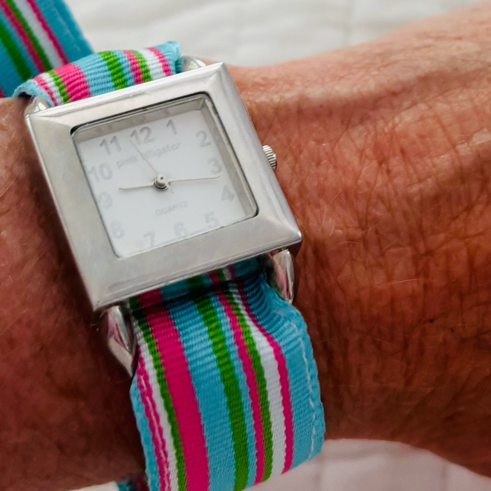 PREPPY Pink, Green and  Blue  Striped  Ribbon Watch Set